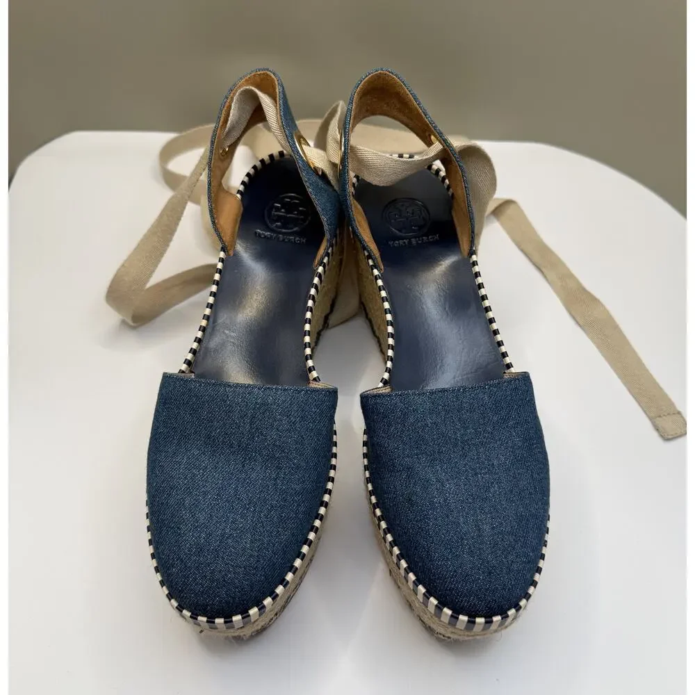 TORY BURCH DANDY Espadrille Platform SZ 6.5M Blue Jean Ankle Wrap Sandals - Picture 8 of 13